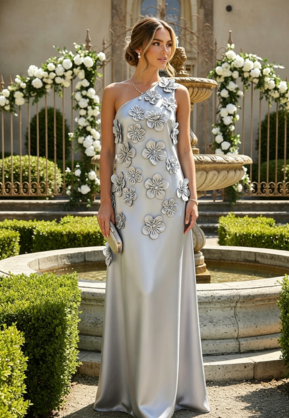Column One Shoulder 3D Flowers Formal Dress