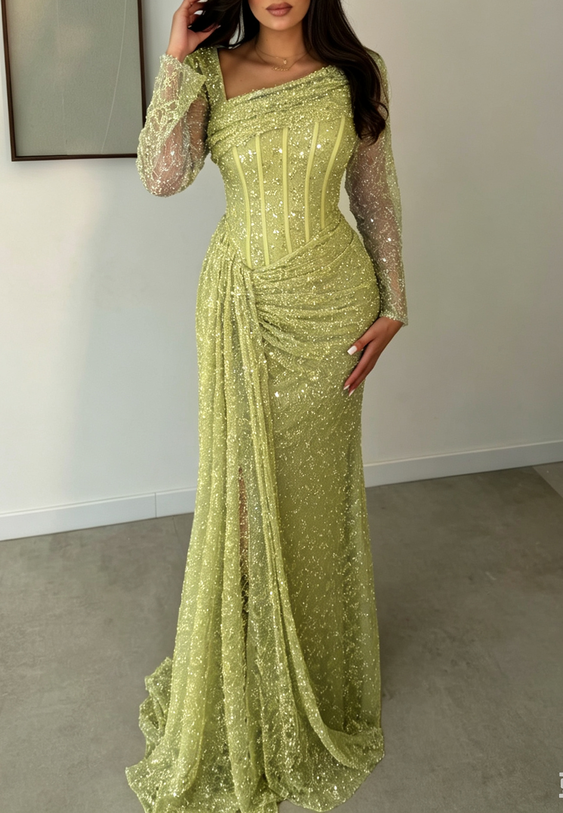 Asymmetrical Corset Beaded Long Sleeve Evening Gown with Slit