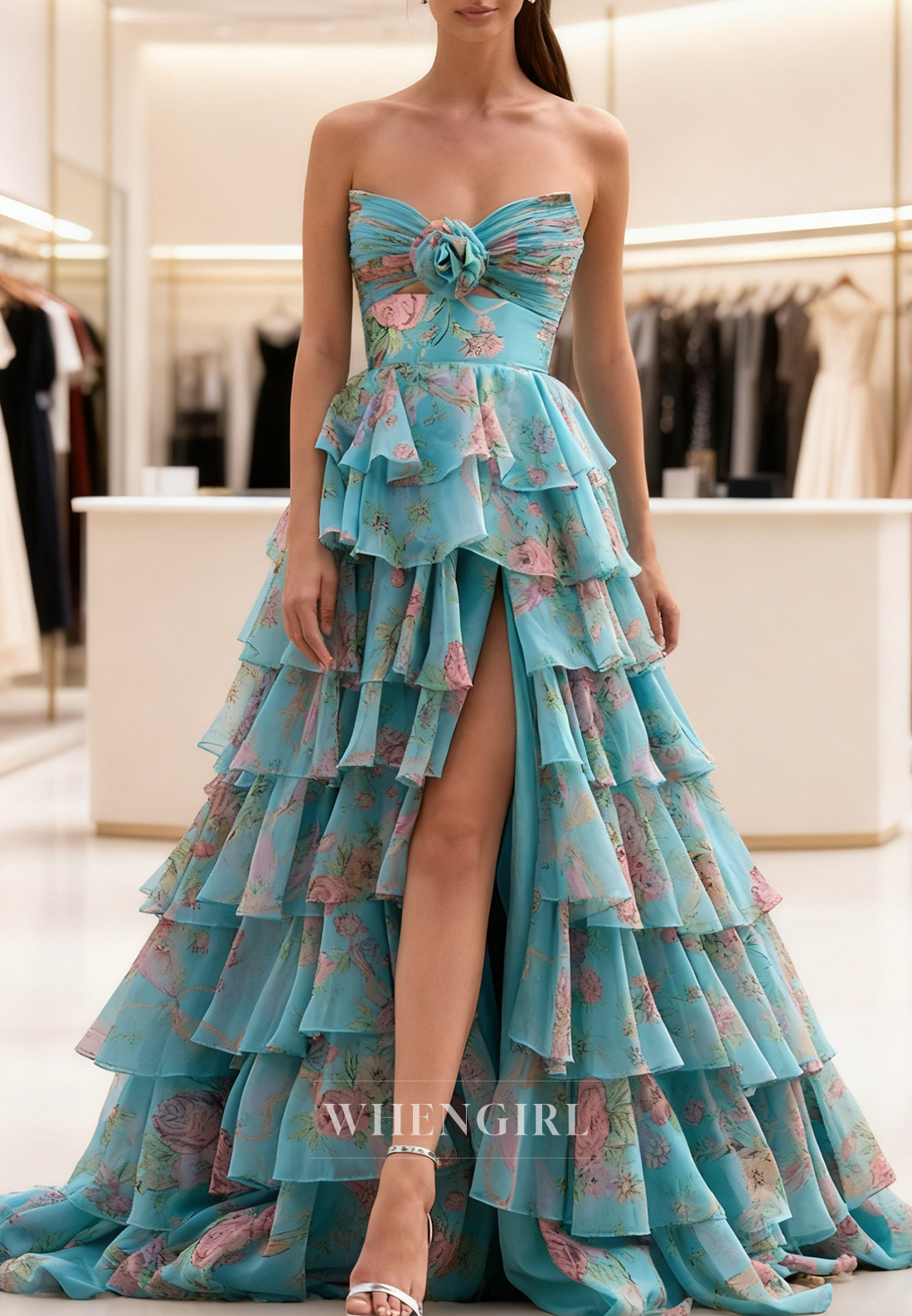 A-Line Multi Tiered Ruffles Sweetheart 3D Flower Side Slit Prom Dress
