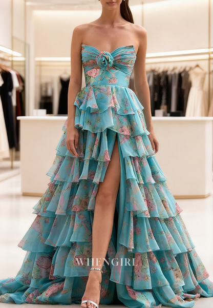 A-Line Multi Tiered Ruffles Sweetheart 3D Flower Side Slit Prom Dress