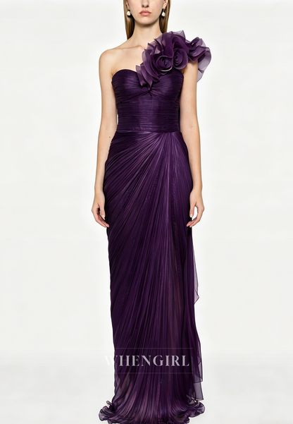 One Shoulder Floral Ruched Sheath Evening Dress