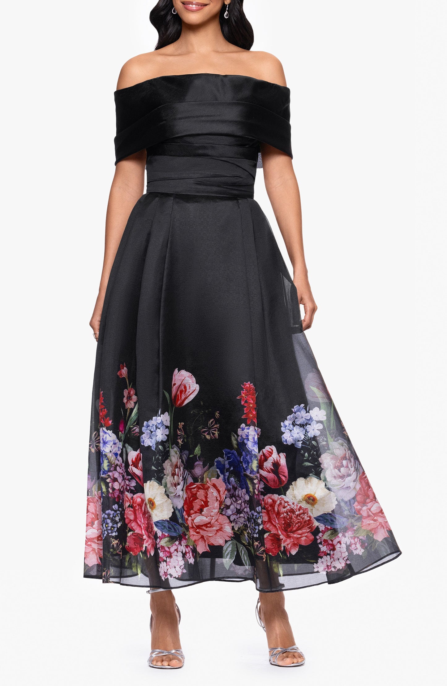 Black Floral Off the Shoulder Ankle Length Mother of the Bride Gown