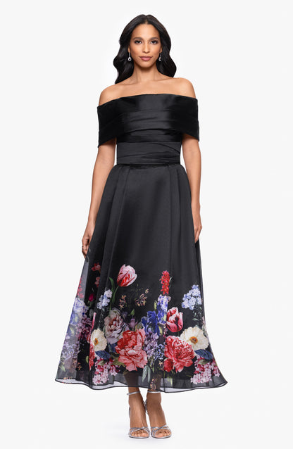 Black Floral Off the Shoulder Ankle Length Mother of the Bride Gown