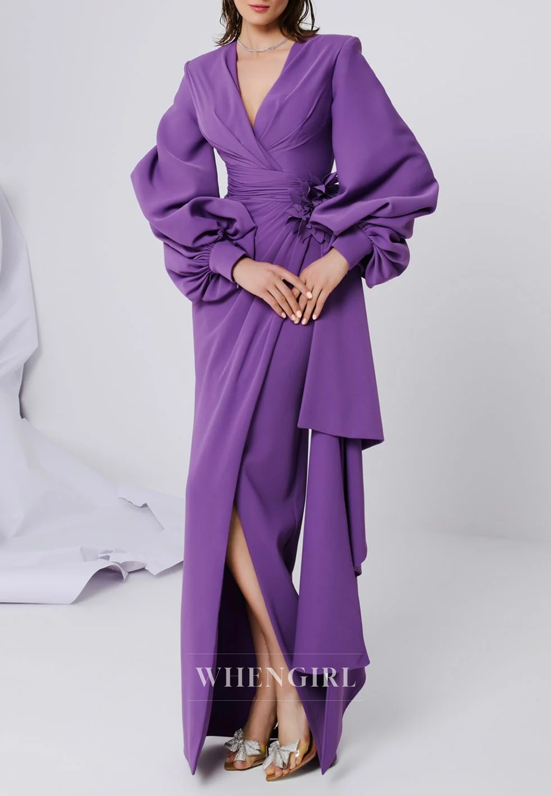 Purple V Neck Long Sleeves Side Slit Column Mother of the Bride Dress