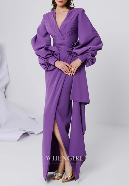 Purple V Neck Long Sleeves Side Slit Column Mother of the Bride Dress