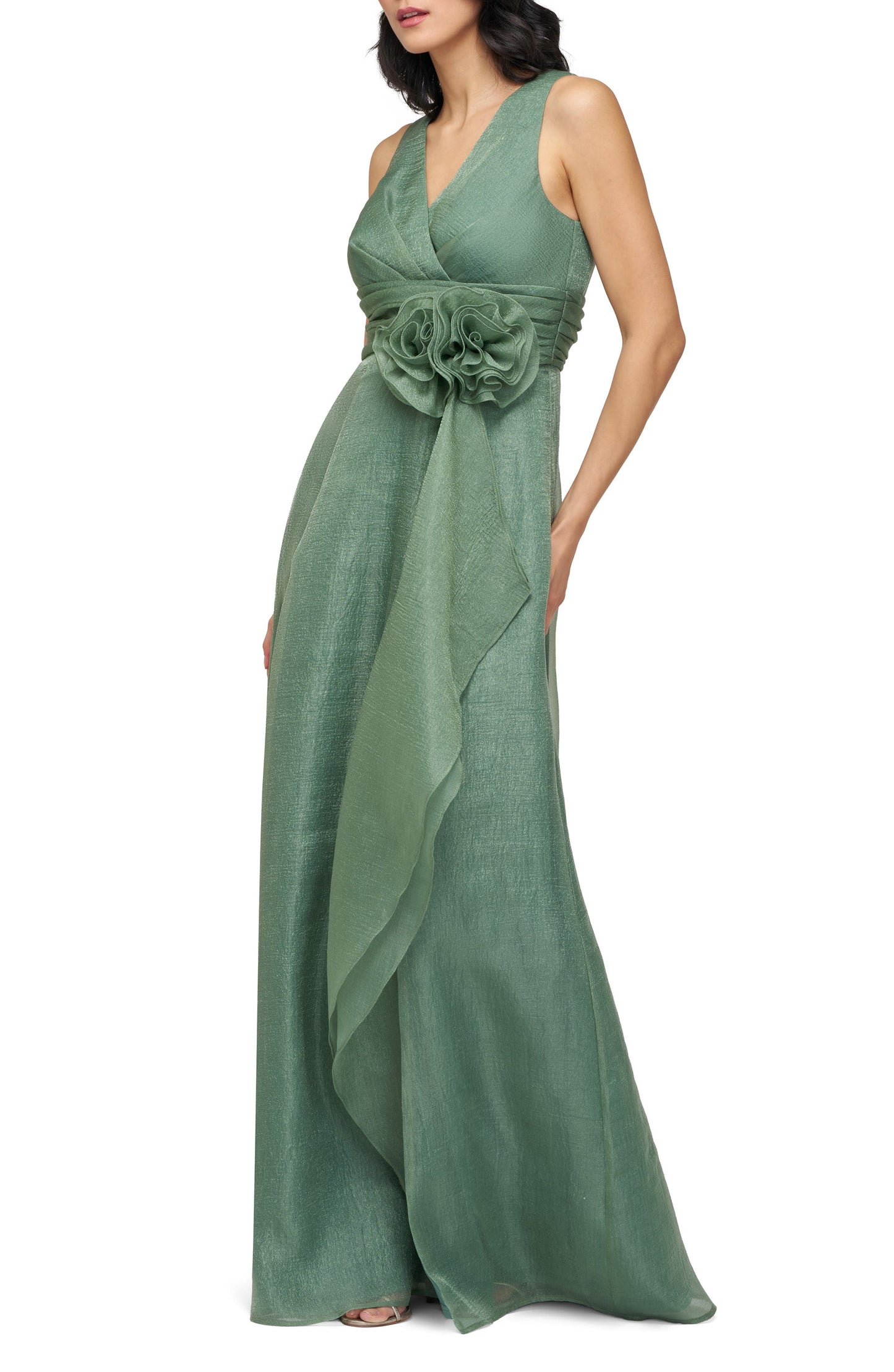 Green V Neck Sleeveless Flower Fuffles Mother of the Bride Gown