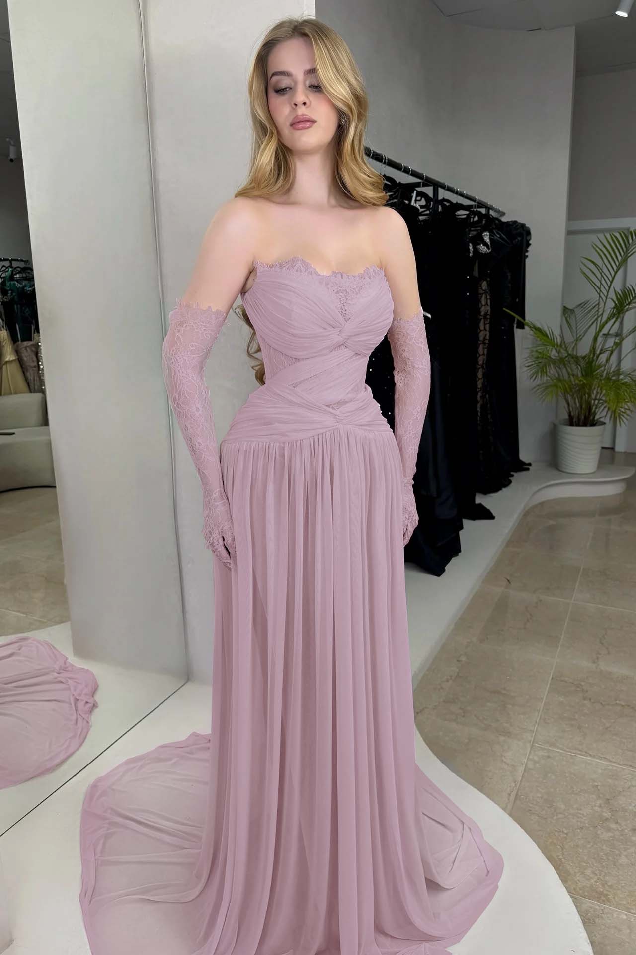 Column Strapless Fitted Prom Dress in Chiffon Pleated with Lace