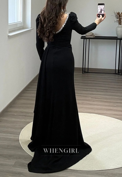 Sheath Beading Scoop Neck Pleated Long Sleeves Sweep Train Formal Party Dress