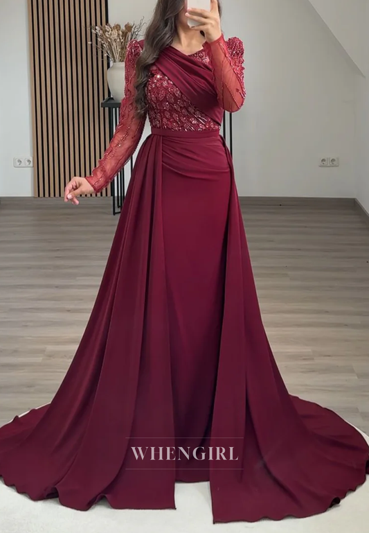V Neck Pleated Long Sleeves Beaded Sheath Formal Evening Gown with Sweep Train