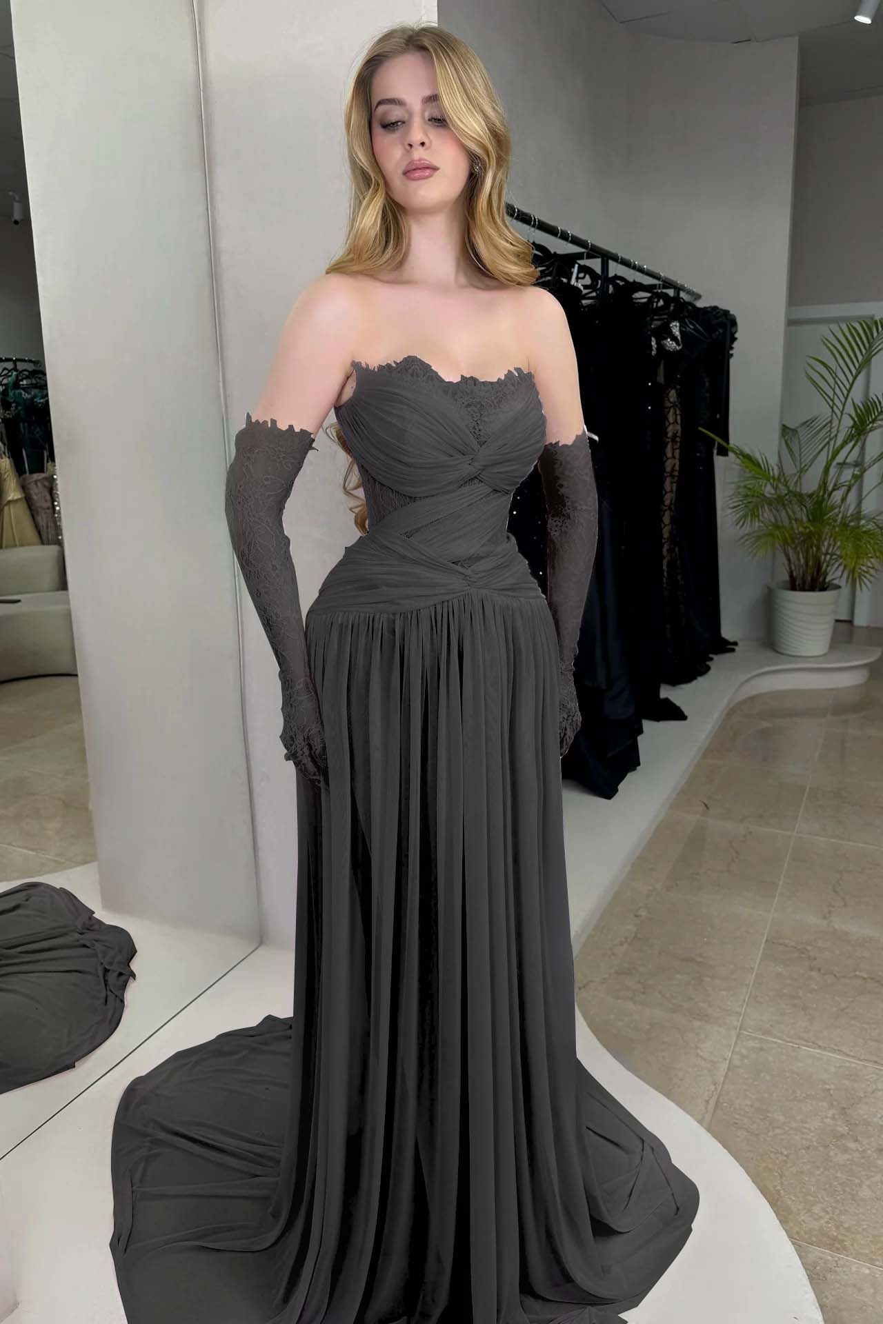 Column Strapless Fitted Prom Dress in Chiffon Pleated with Lace