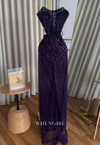 Sheath Full Beaded Strapless Sleeveless Pleated Side Slit Formal Prom Dress