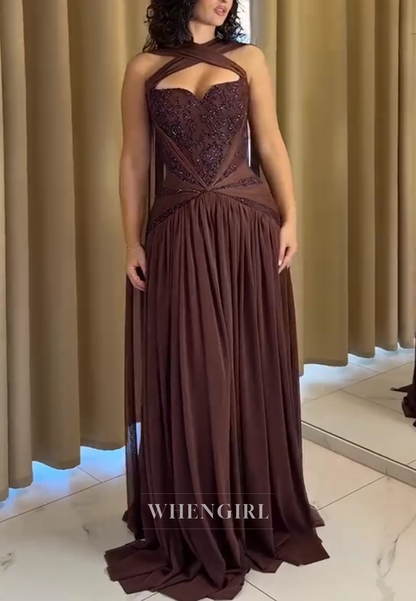 Chocolate Cross Neck Sleeveless Beaded Pleated Column Evening Formal Dress