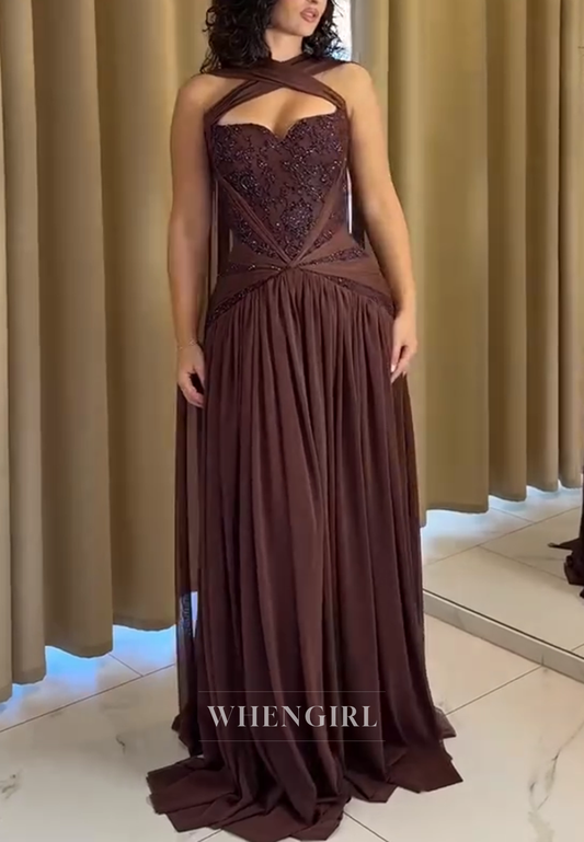 Chocolate Cross Neck Sleeveless Beaded Pleated Column Evening Formal Dress