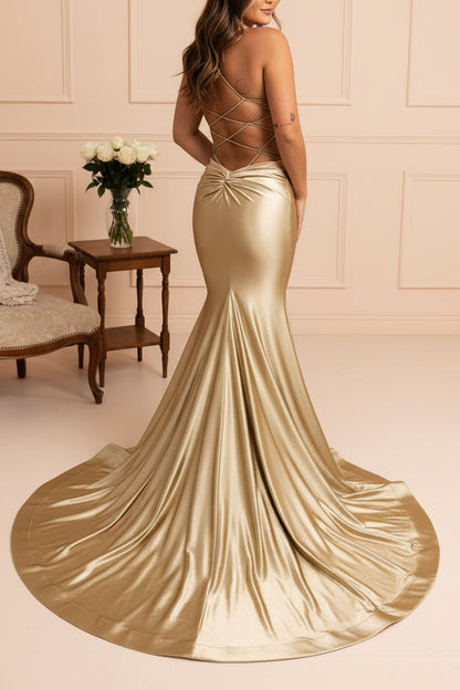 Glamorous Golden Prom Dress V Neck Mermaid Sleeveless Backless