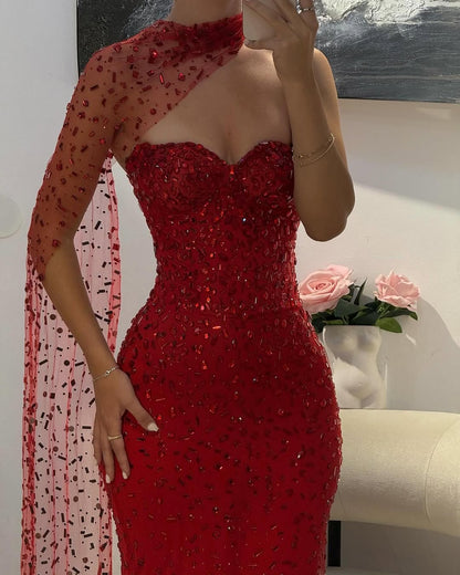Beaded Straight Across Mermaid Red Glamorous Prom Dress With Scarf