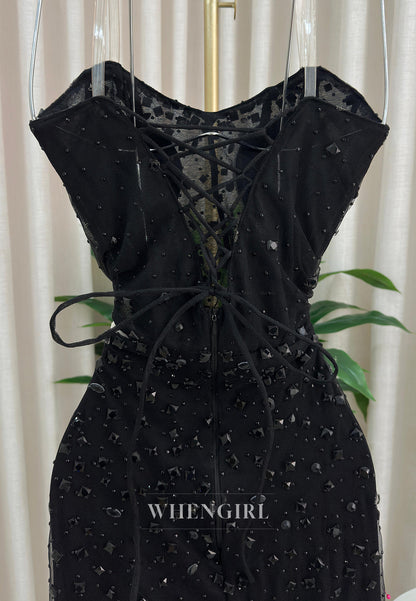 Sheath Full Beaded Strapless Sleeveless Pleated Side Slit Formal Prom Dress