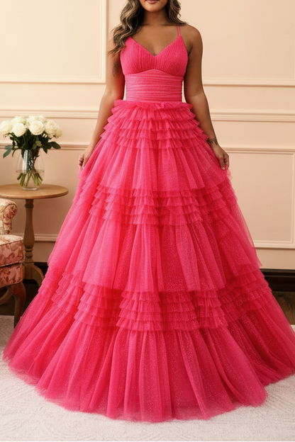 Long Black Tulle Prom Dress Sparkly V Neck Sleeveless Gown