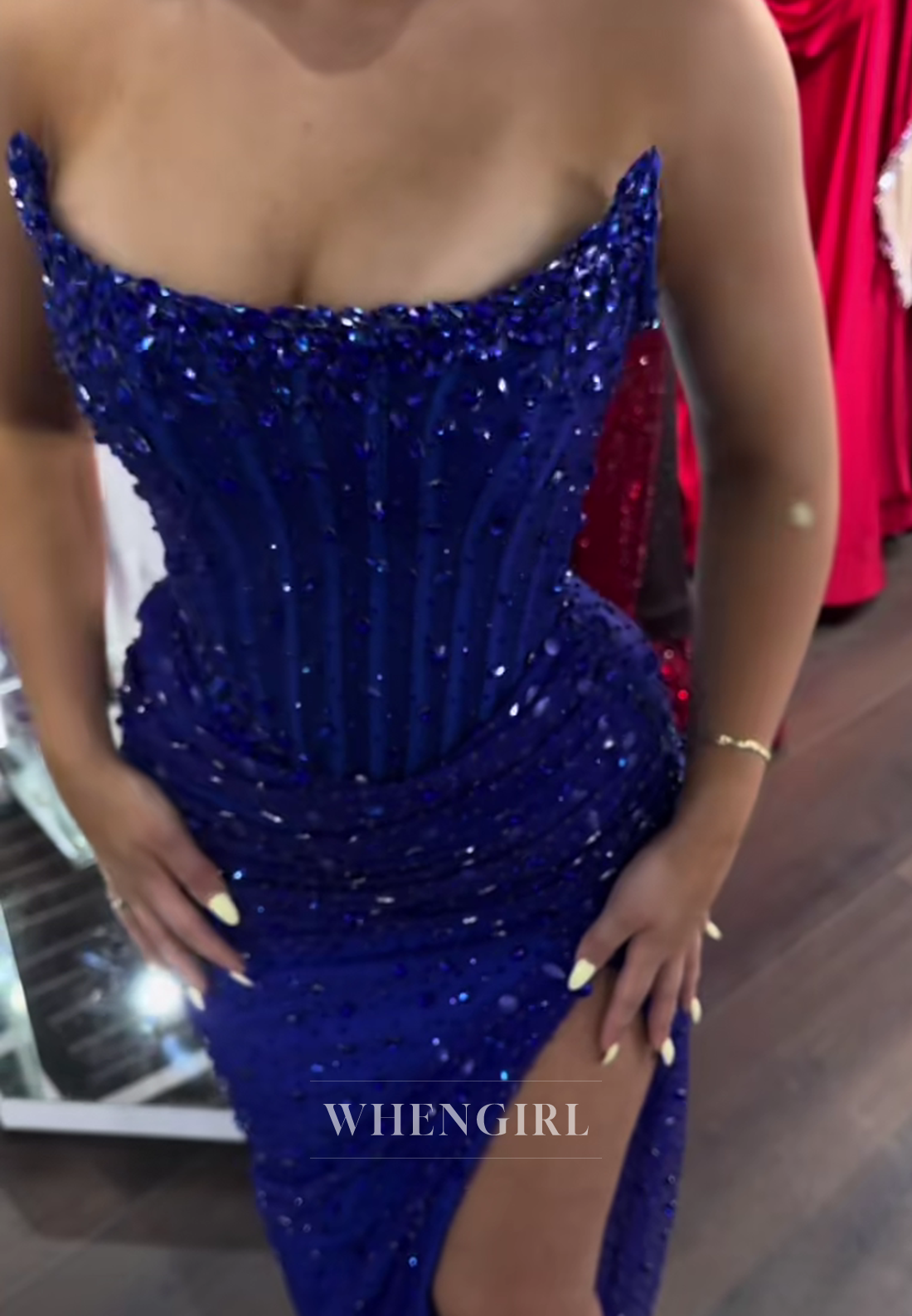 Sheath Full Beaded Strapless Sleeveless Pleated Side Slit Formal Prom Dress