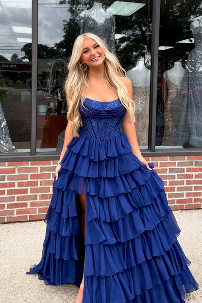 Gorgeous A Line Scoop Neck Royal Blue Chiffon Prom Dress with Slit