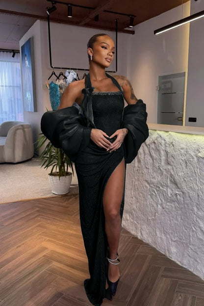 Dark Green Halter Prom Dress Sleeveless Pleated with Rhinestone