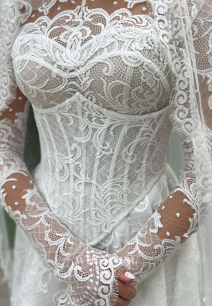 High Neck Long Sleeves Appliqued Lace A-Line Court Train Wedding Dress