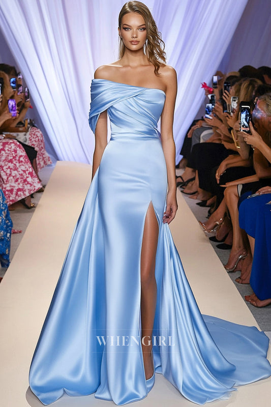 Elegant One Shoulder Sheath Prom Dress Sleeveless Pleats Satin Gala Dress with Slit