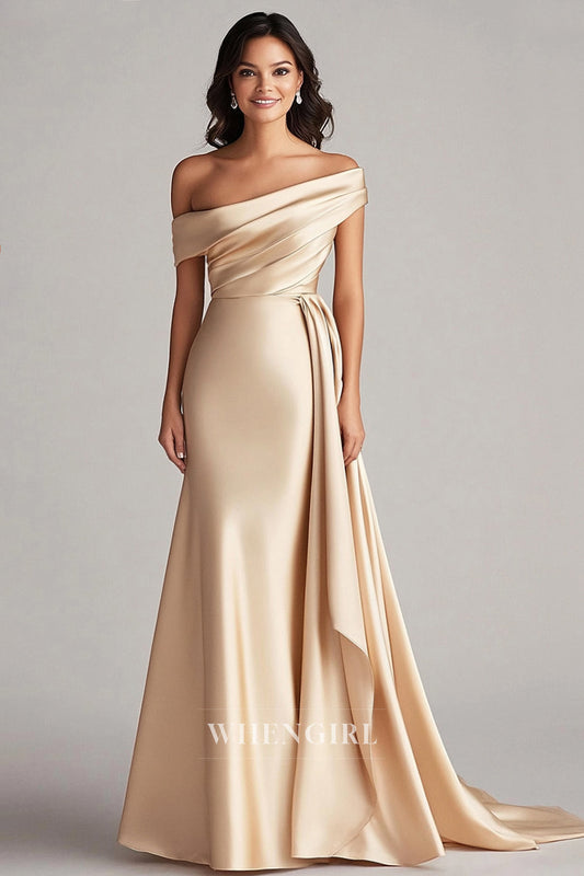 Asymmetrical Sleeveless Fitted Satin Long Gala Dresses with Pleats Formal Dress