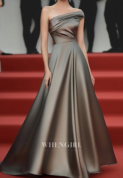 Elegant One Shoulder A-Line Sleeveless Pleats Satin Long Gala Dresses Formal Gowns