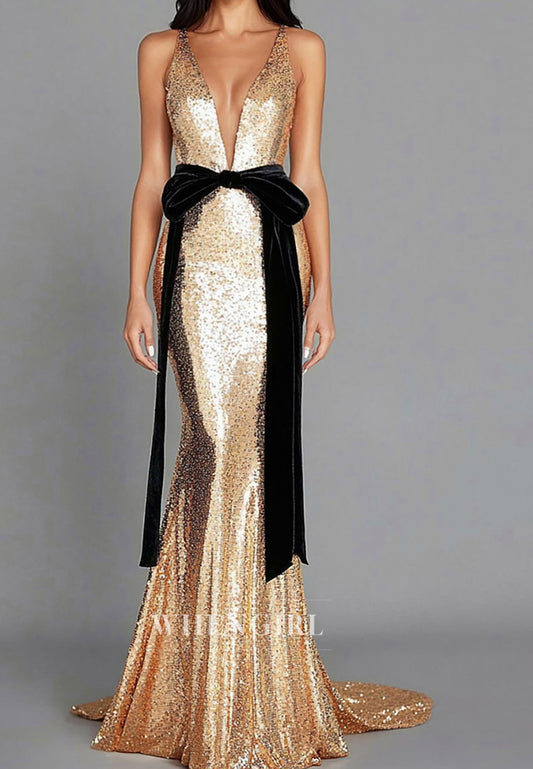 Stunning Deep V-Neck Straps Mermaid Sequin Gala Dress with Bows Evening Gowns