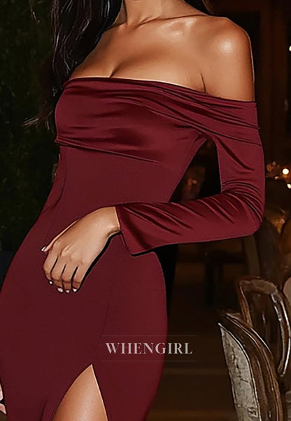 Elegant Tube Top Long Sleeves Long Ruched Satin Gala Dress Formal Gowns with Slit