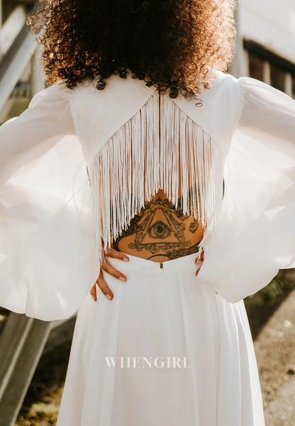 A-Line V Neck Long Puff Sleeves Sweep Trian Tassel Beach Wedding Dress