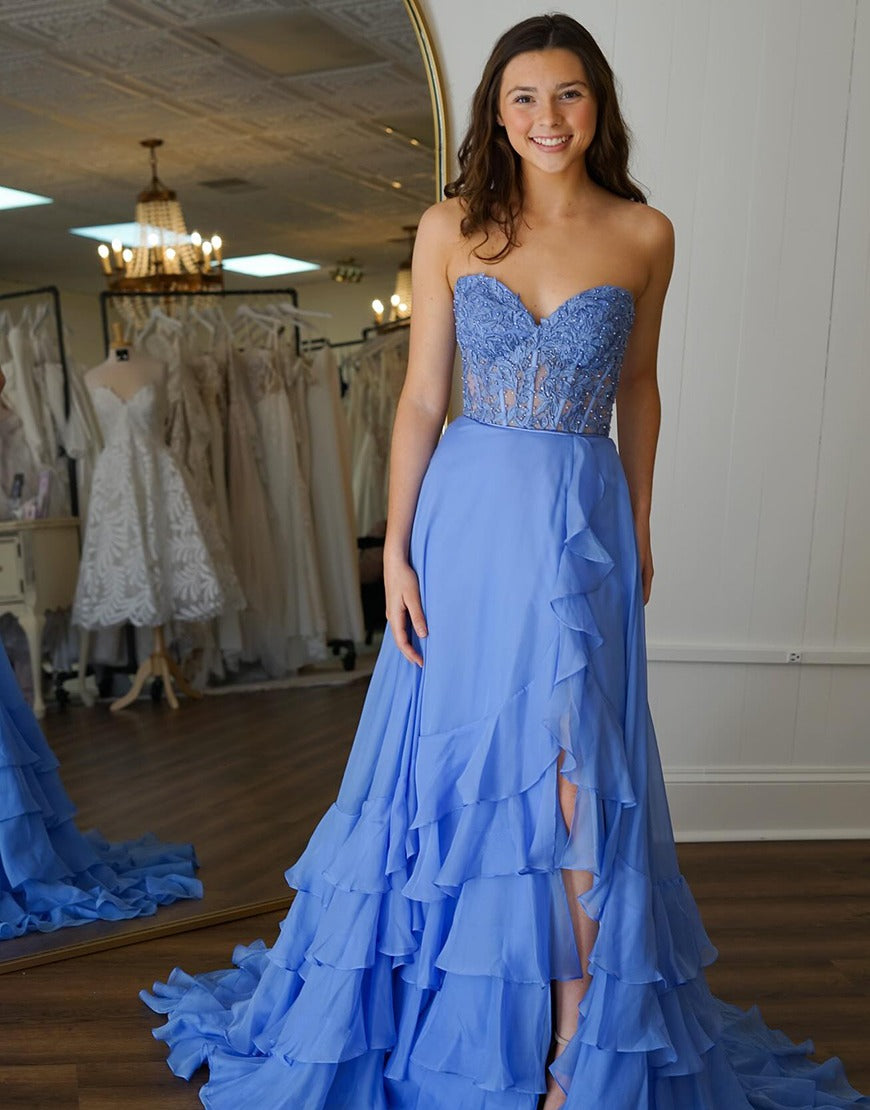 Blue A-Line Corset Long Prom Dress Ruffles Strapless Evening Gowns with Slit