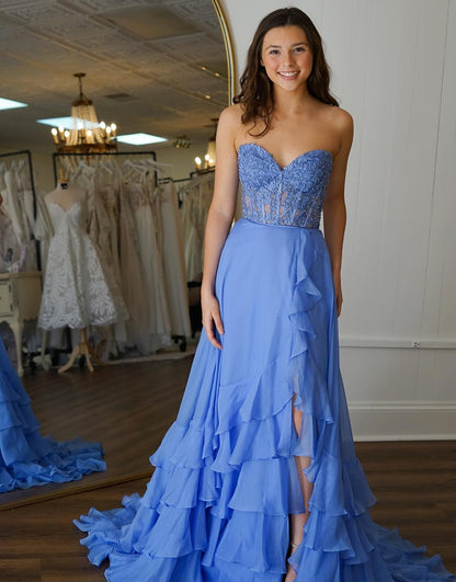Blue A-Line Corset Long Prom Dress Ruffles Strapless Evening Gowns with Slit