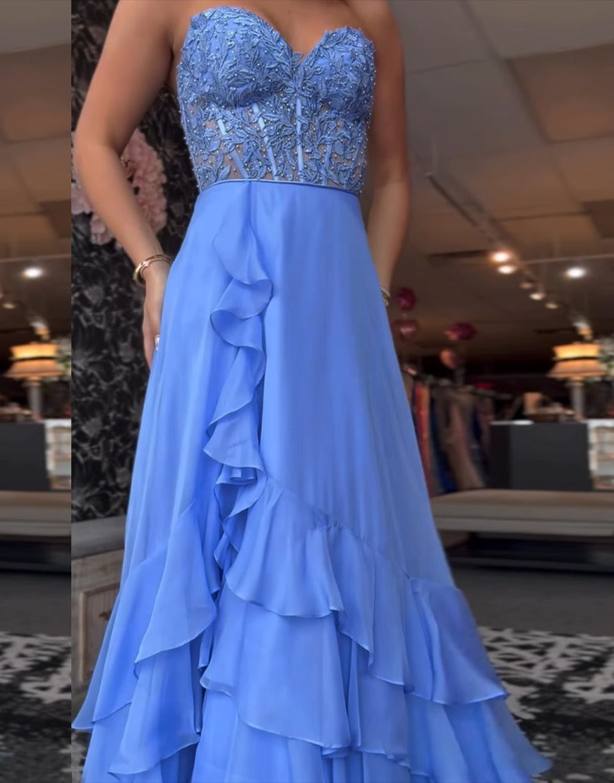 Blue A-Line Corset Long Prom Dress Ruffles Strapless Evening Gowns with Slit