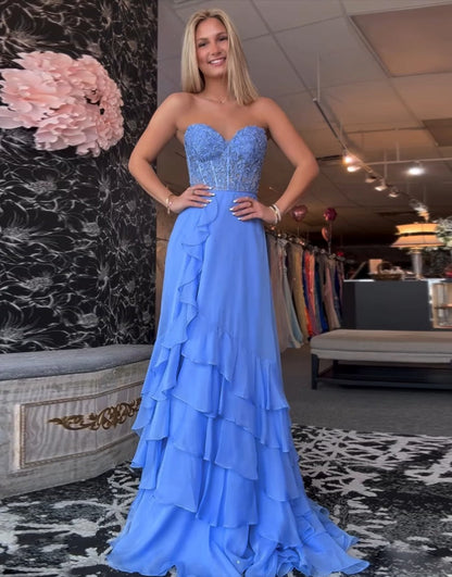 Blue A-Line Corset Long Prom Dress Ruffles Strapless Evening Gowns with Slit