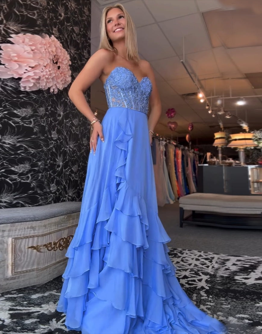 Blue A-Line Corset Long Prom Dress Ruffles Strapless Evening Gowns with Slit