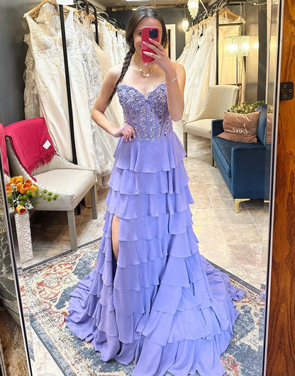Sparkly Lilac A-Line Prom Dresses Long for Women Corset Ruffles Party Gowns