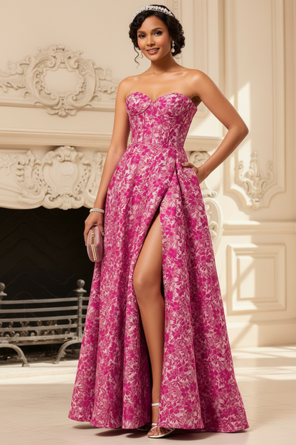 Fuchsia Floral Strapless Corset A-Line Wedding Guest Dress with Pockets