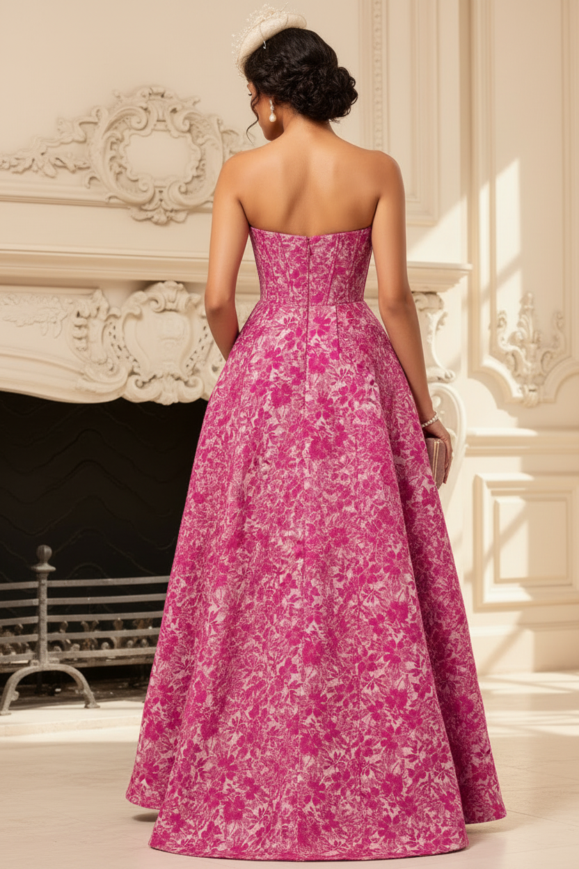 Fuchsia Floral Strapless Corset A-Line Wedding Guest Dress with Pockets