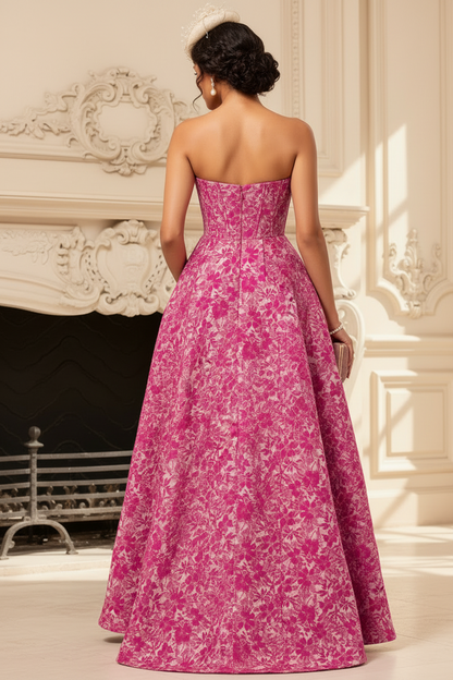 Fuchsia Floral Strapless Corset A-Line Wedding Guest Dress with Pockets