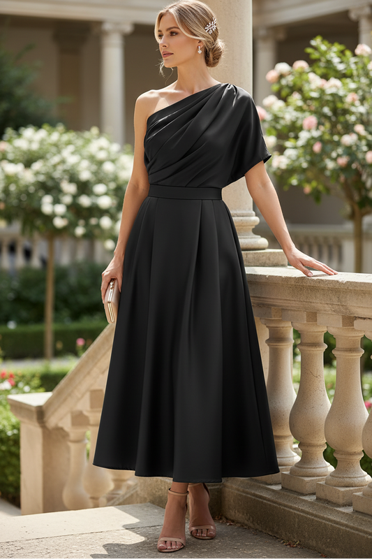Black Satin A Line Mother Of The Bride Dress