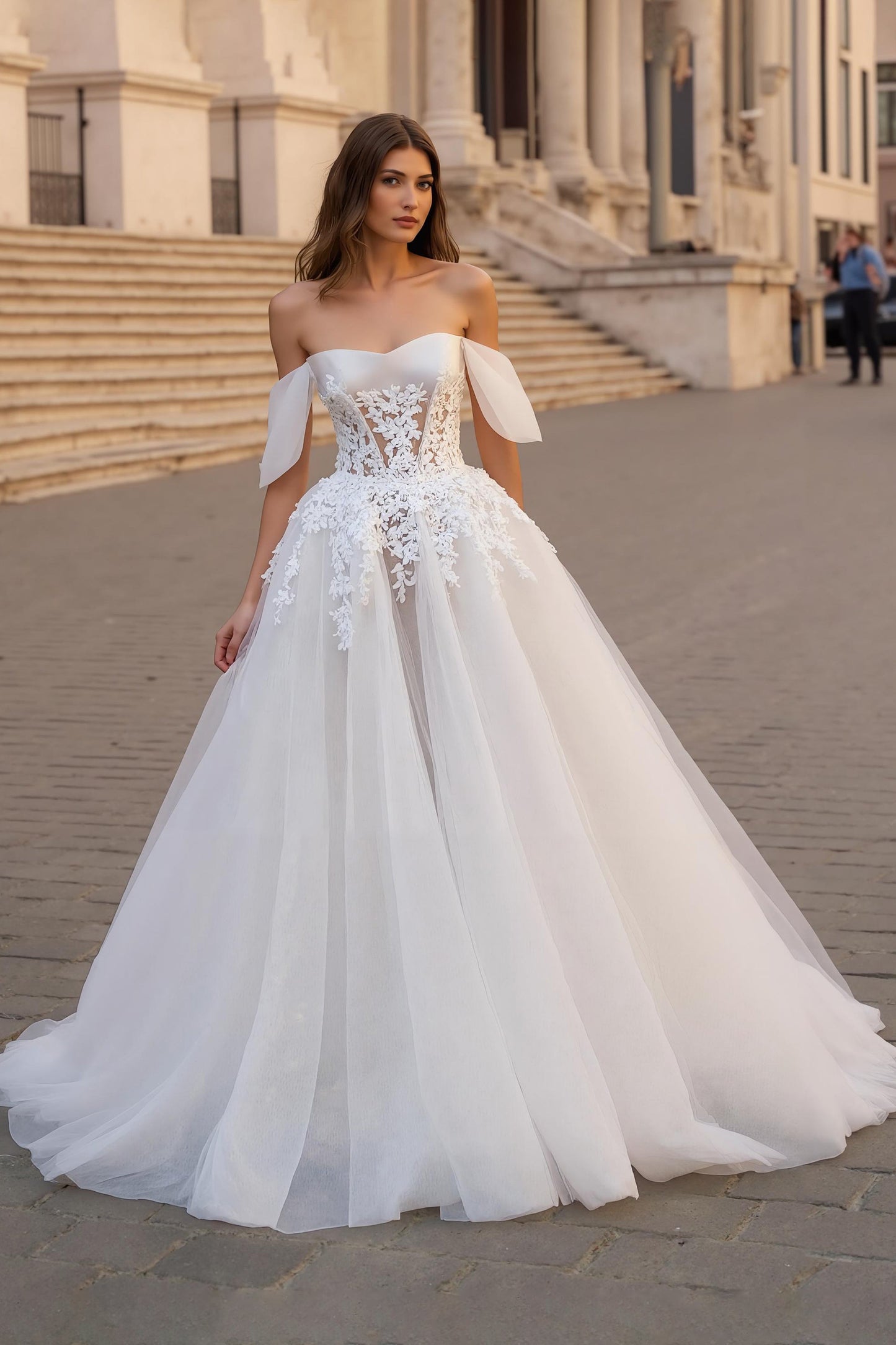 Off The Shoulder Ivory Appliqued A Line Sweep Train Wedding Dress