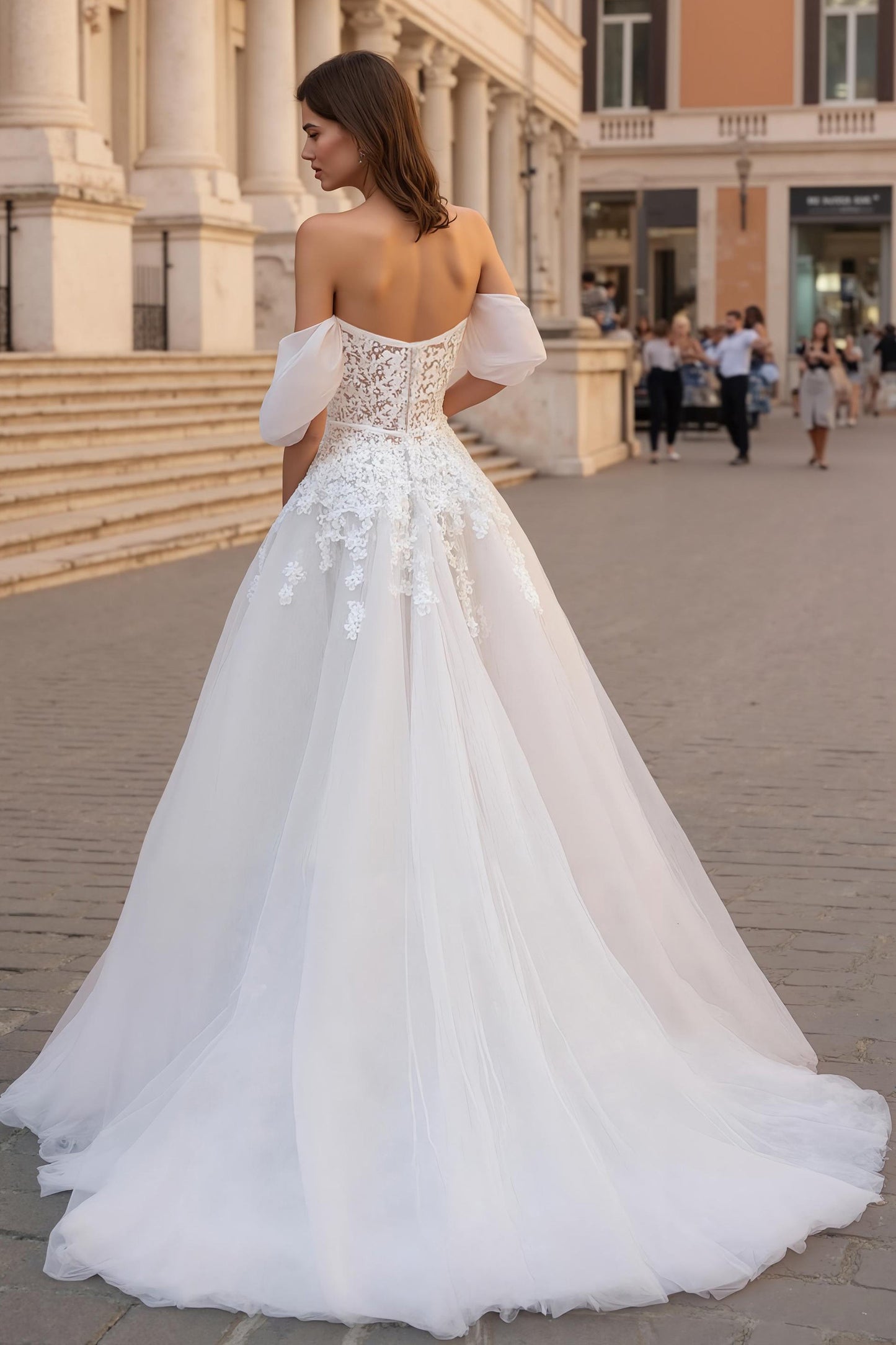 Off The Shoulder Ivory Appliqued A Line Sweep Train Wedding Dress
