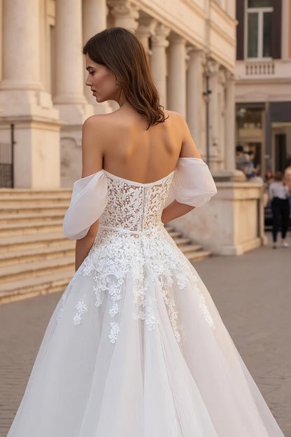 Off The Shoulder Ivory Appliqued A Line Sweep Train Wedding Dress