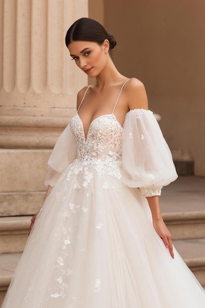 Ivory Appliqued A Line Sweep Train Wedding Dress