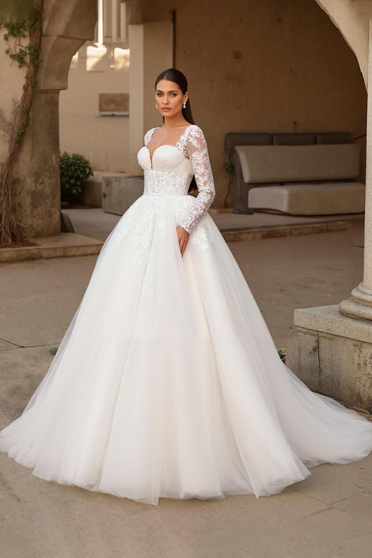Ivory Long Sleeve Appliqued Sweep Train Wedding Dress