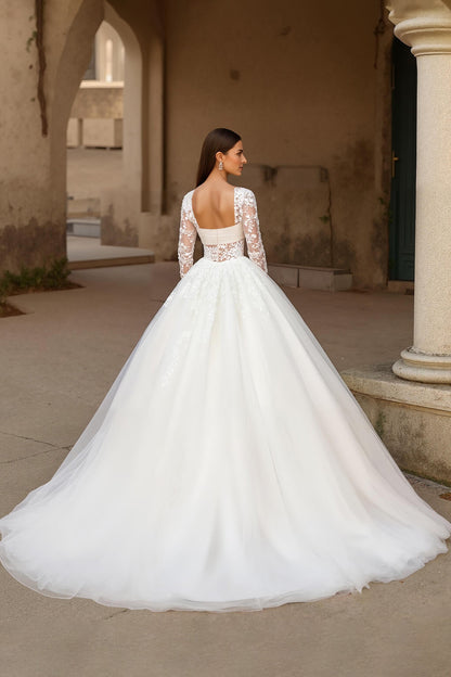 Ivory Long Sleeve Appliqued Sweep Train Wedding Dress