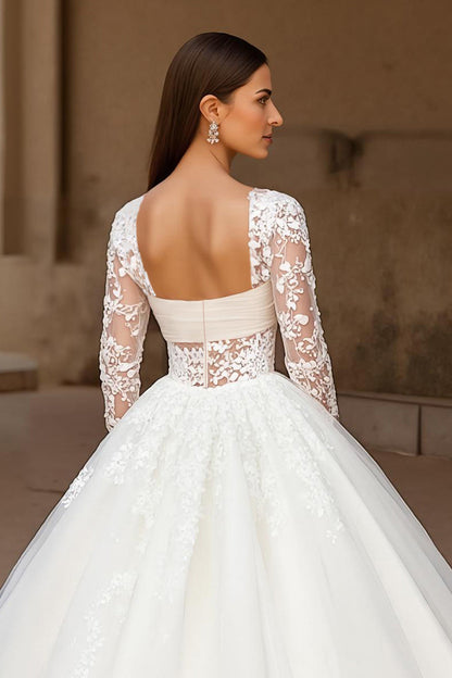 Ivory Long Sleeve Appliqued Sweep Train Wedding Dress