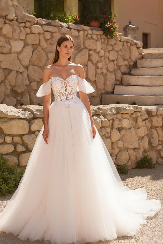 Off The Shoulder Ivory A Line Sweep Train Wedding Dress With Appliques
