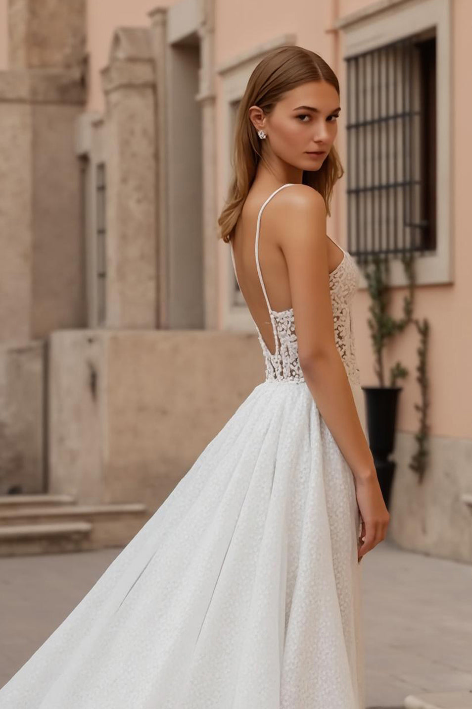 Ivory Backless A Line Sweep Train Wedding Dress With Lace